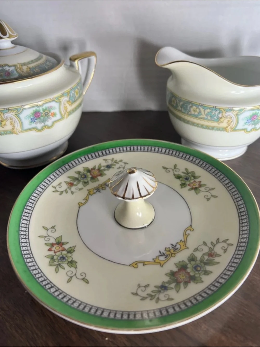 Noritake Vintage Porcelain Sugar Bowl, Creamer, and lemon plate
